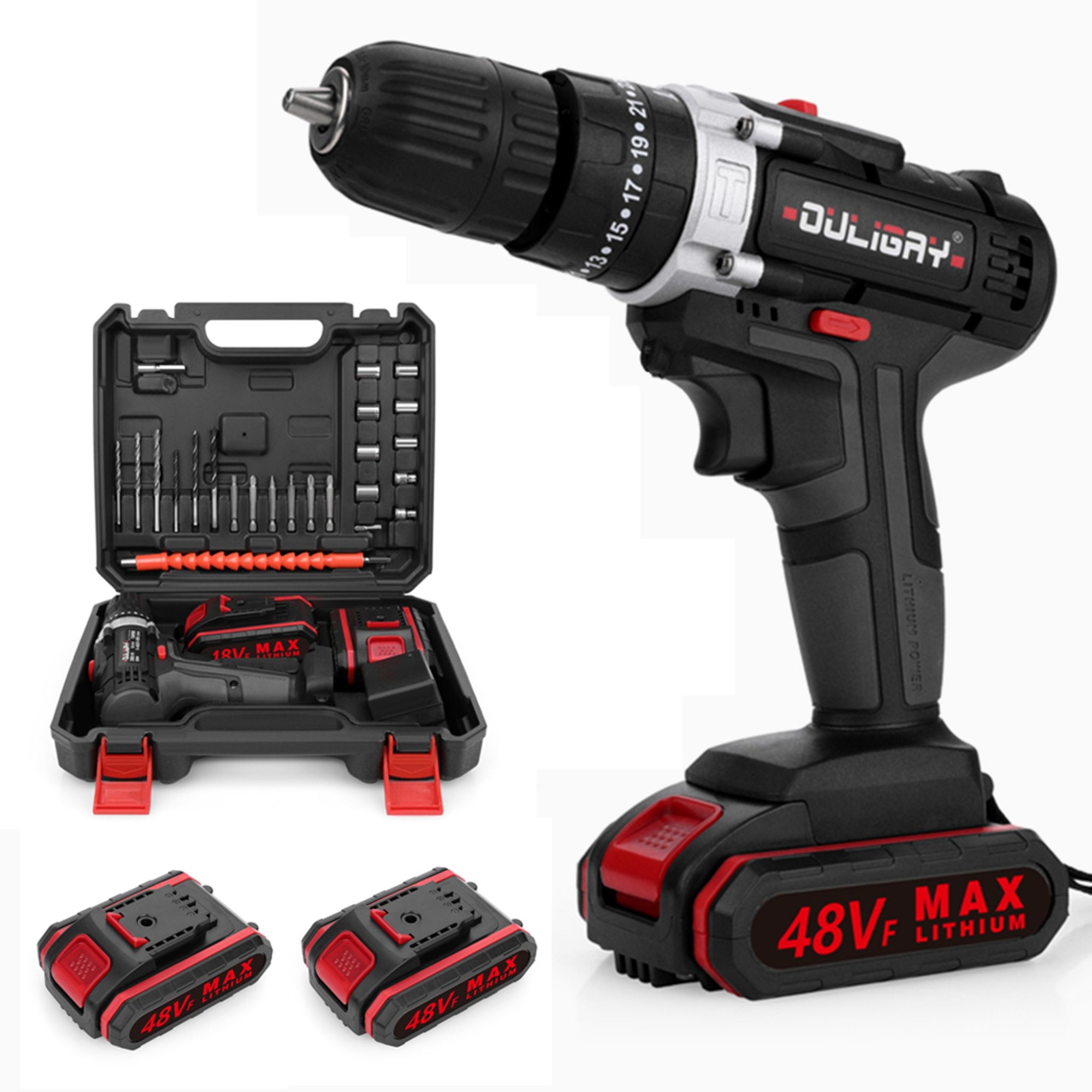 Комплект бормашини и 24 бита, 21V, 2 батерии, 1400RPM, Черен / Червен ...