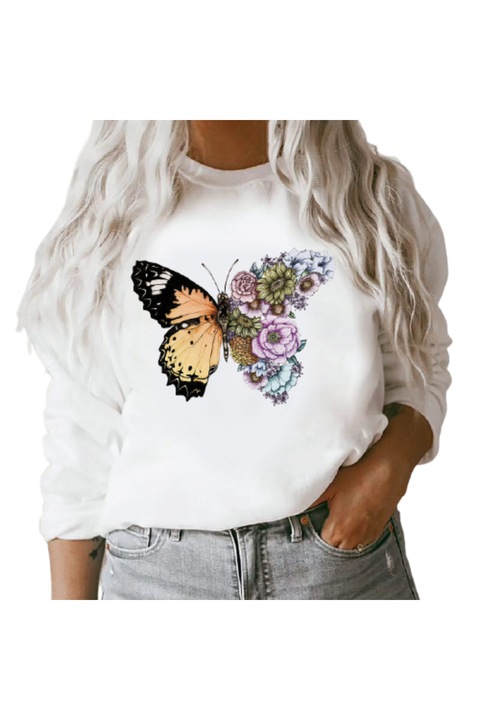 Дамска блуза Butterfly In Bloom, Дълъг ръкав, Графичен принт, Памук, Бял, M