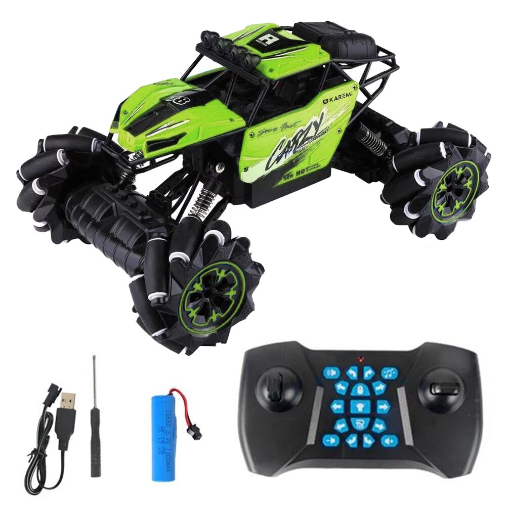 Masina off-road cu telecomanda Karemi pentru copii, amortizor soc, drifturi, catarare, cascadorii, rotatii flexibile, iluminat electric, verde