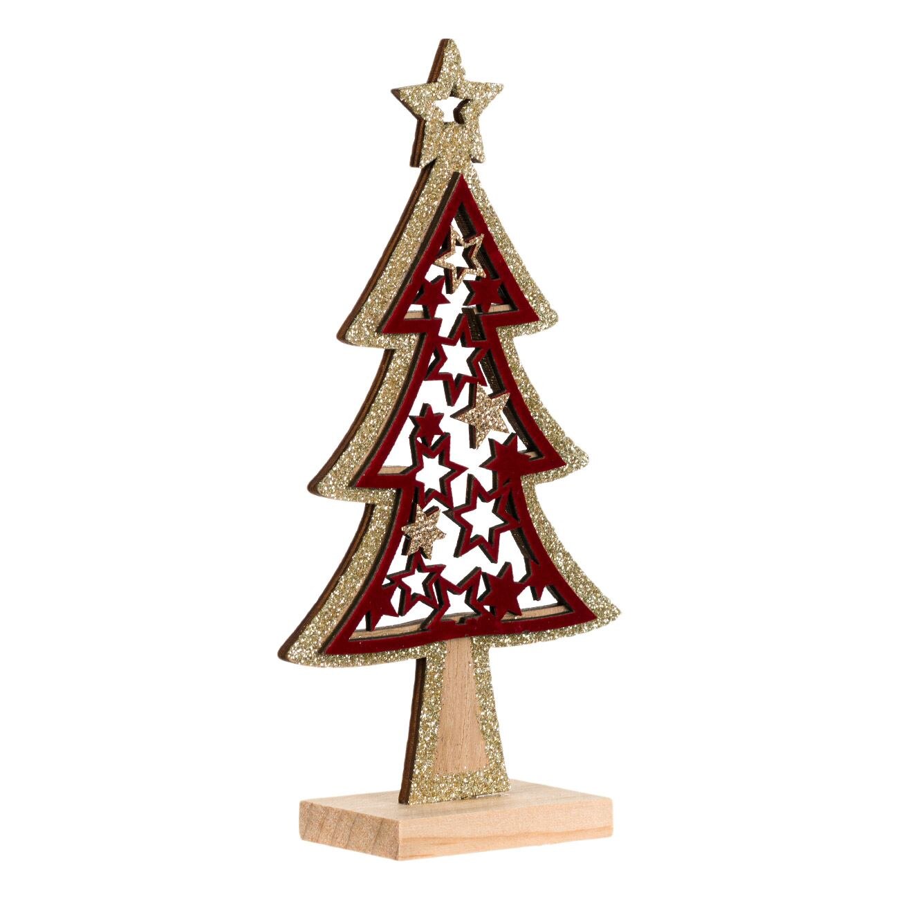 Figurina decorativa, Zola®, din lemn, pentru sarbatori, model bradut, cu mesaj Mos Cracun si ren, 19 cm