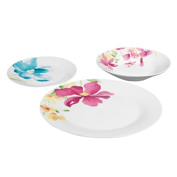 Set farfurii, portelan, model floral multicolor, 18 piese, design elegant, usor de curatat, rezistent Set farfurii, portelan, model floral multicolor, 18 piese, design elegant, usor de curatat, rezistent