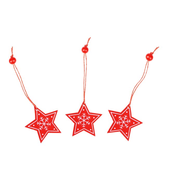 Set 3 decoratiuni din lemn de Craciun forma Stea, pentru brad, cu agatatori, culoare Rosu