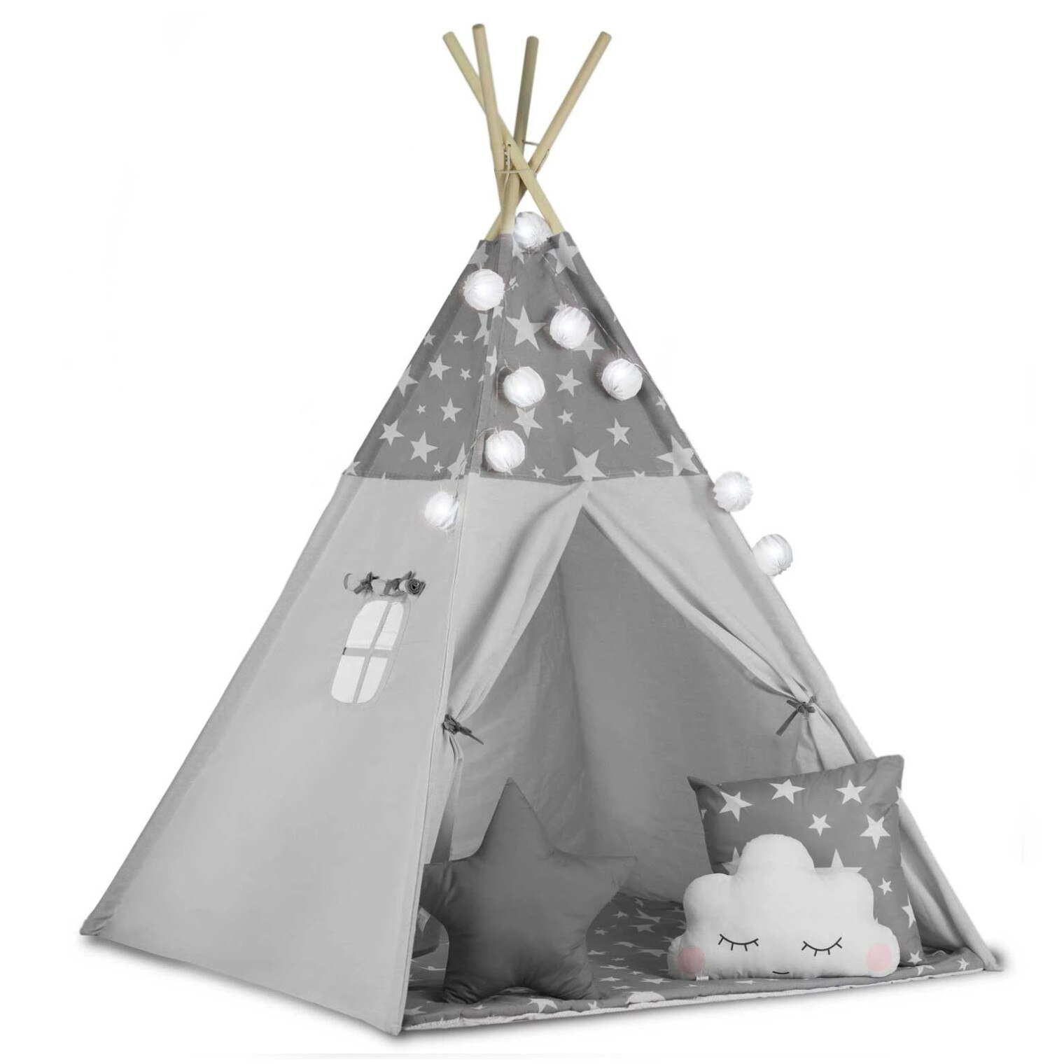 Cort montessori model tipi grey galaxy, instalatie, perne moi, structura lemn, jaluzele si tesatura dedicata