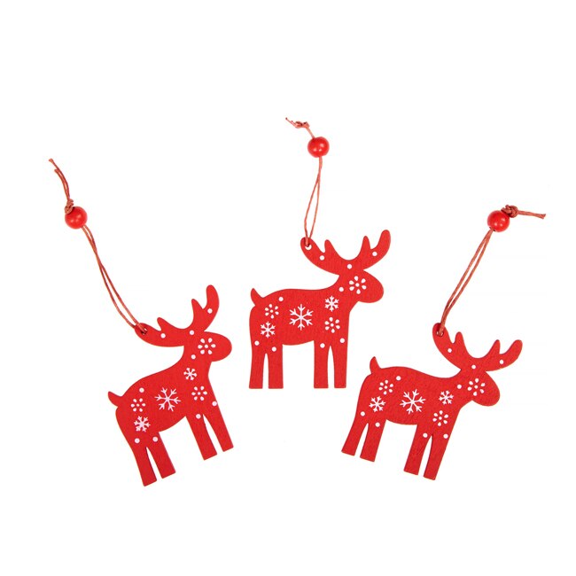 Set 3 decoratiuni din lemn de Craciun forma Ren, pentru brad, cu agatatori, culoare Rosu