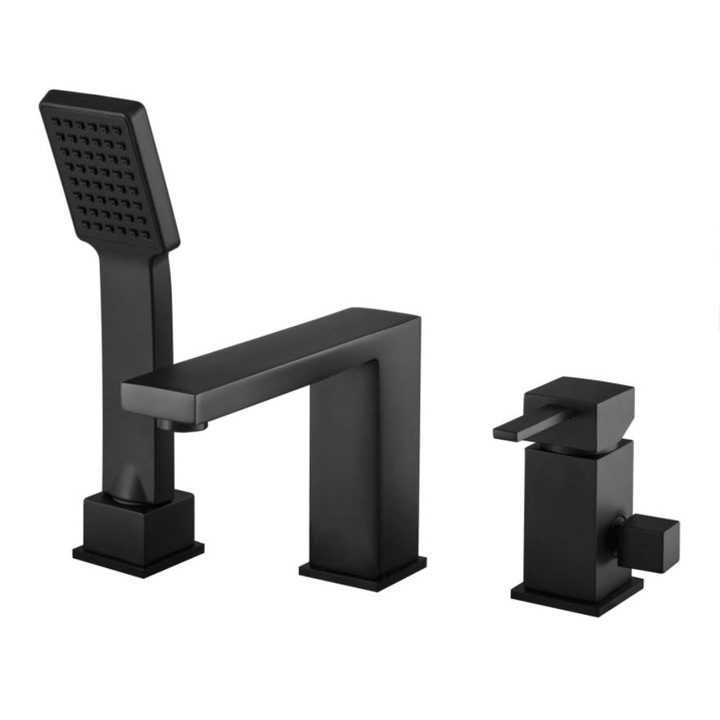 Baterie cada cu prindere pe cada, 3 gauri, cu set de dus inclus, negru mat