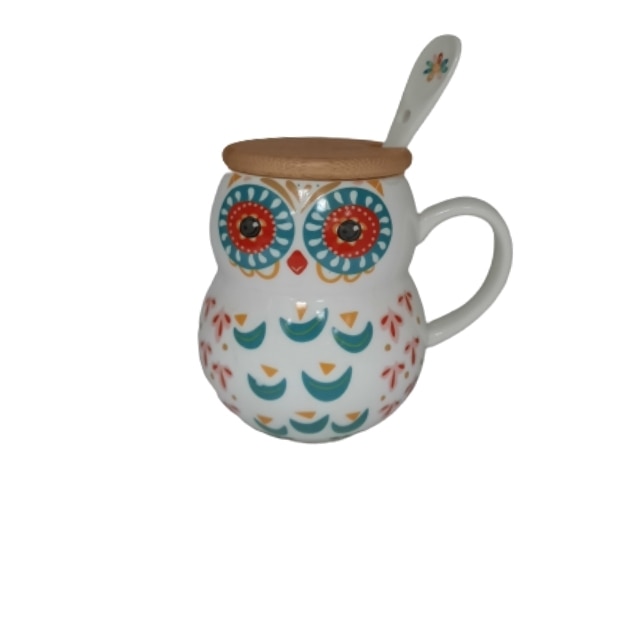 Cana ceramica 400 ml in forma bufnita cu capac de lemn si lingurita