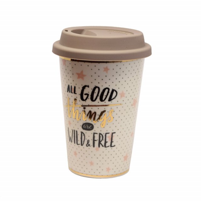 Cana ceramica de voiaj Pufo pentru cafea cu capac din silicon, 415 ml, model Good things