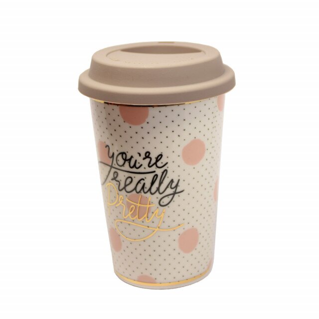 Cana ceramica de voiaj Pufo pentru cafea cu capac din silicon, 415 ml, model You're pretty