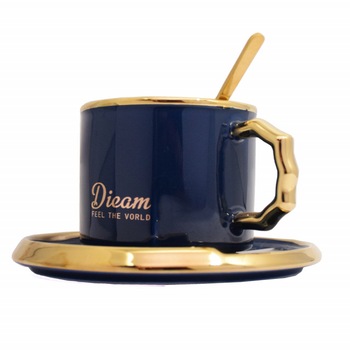 Cana din ceramica si lingurita Pufo Luxury pentru cafea sau ceai, 230 ml, albastru Cana din ceramica si lingurita Pufo Luxury pentru cafea sau ceai, 230 ml, albastru