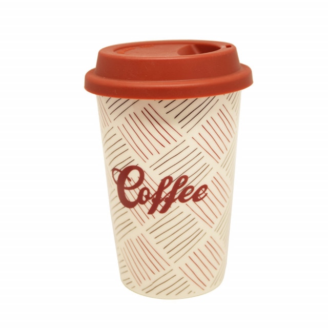 Cana ceramica de voiaj Pufo Stripes pentru cafea cu capac din silicon, 415 ml