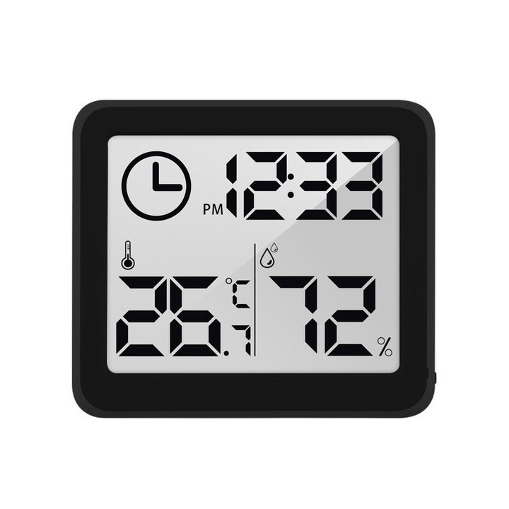 Higrometru si termometru digital de camera SOLLUXE® cu afisare ora, umiditate, temperatura, citire 10s, baterie inclusa, negru
