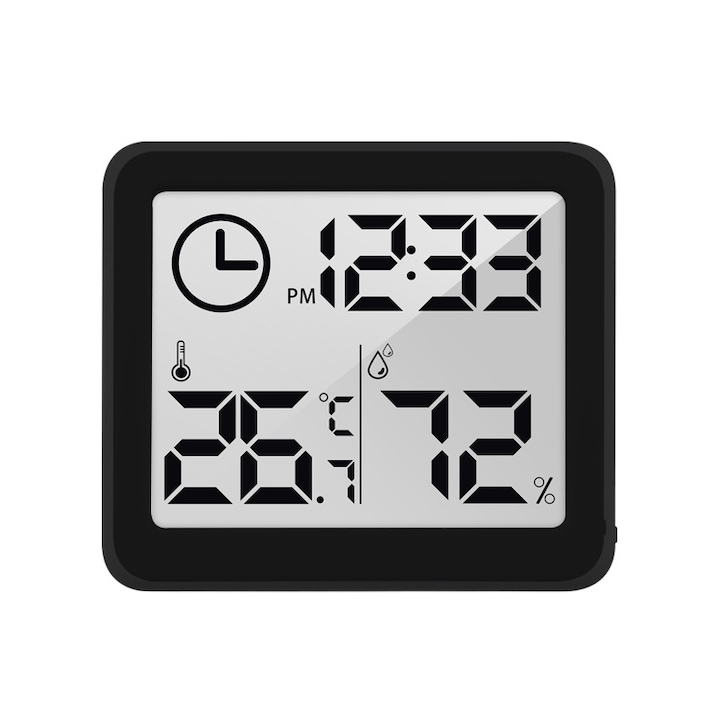Higrometru si termometru digital de camera cu ceas, negru