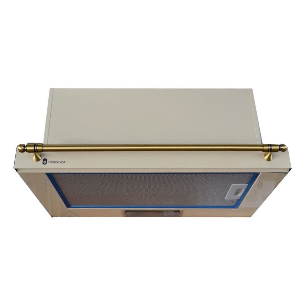 Hota telescopica, metal, bara decorativa din bronz antichizat, incorporabila, 347 mc/h, 2 motoare, 220 W, 17,4 x 60 x 30,5 cm, bej
