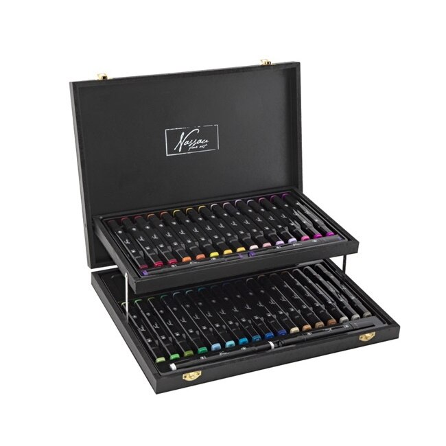 Set 36 markere colorate cu varf dublu Nassau Fine Art in cutie de lemn