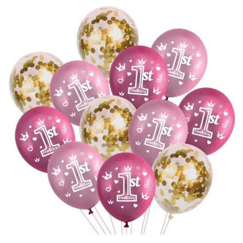 Set 12 Baloane Aniversare, Alb, Roz cu confetti,1 st, 30 cm