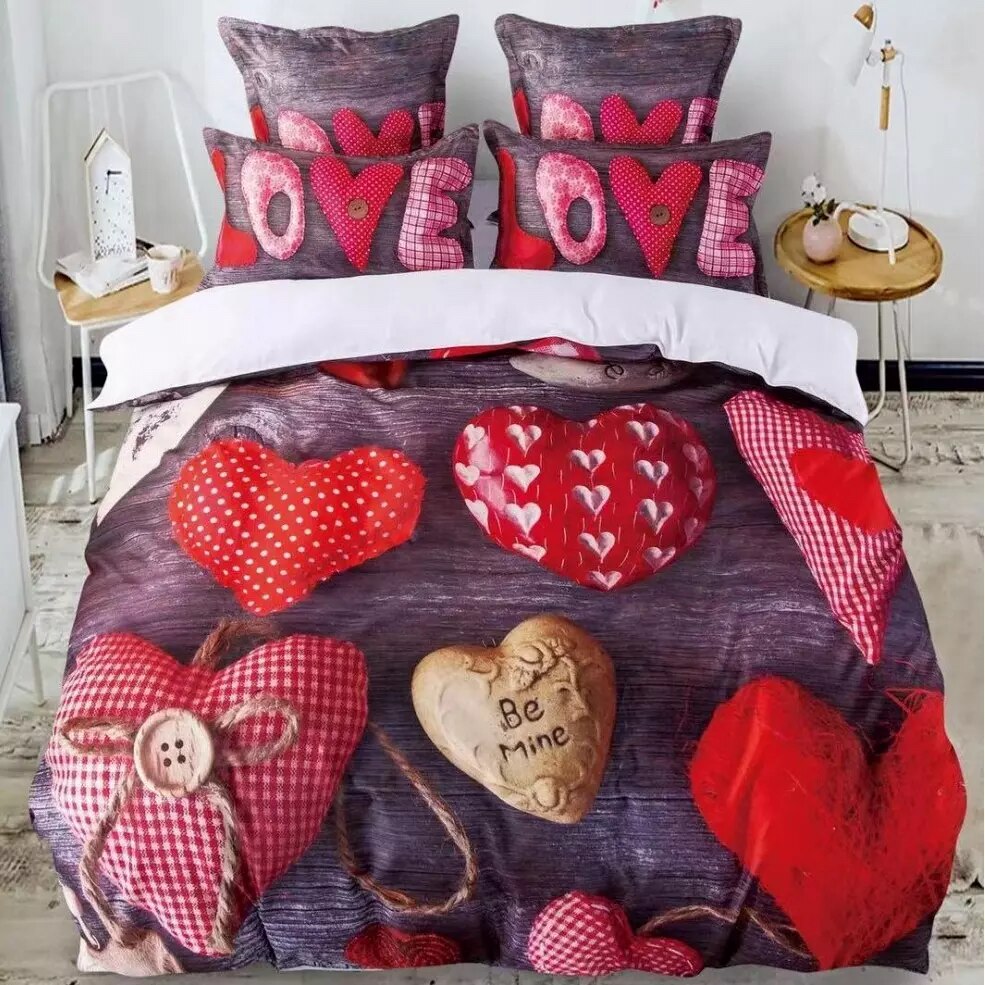 Set 6 piese Lenjerie de pat Lux Inimi, CumparaMisim, 2 persoane, bumbac, multicolor