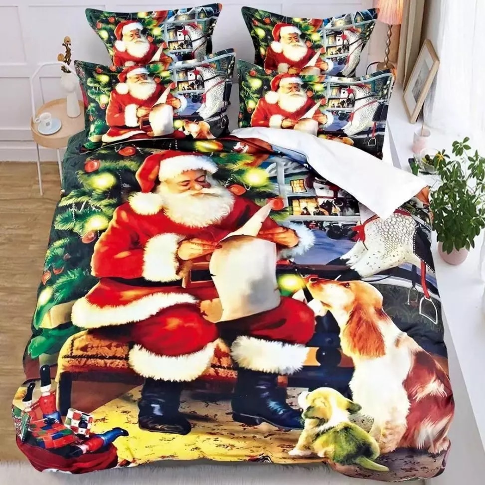 Set 6 piese Lenjerie de pat Lux Mos Craciun si cateii, CumparaMisim, 2 persoane, bumbac, alb