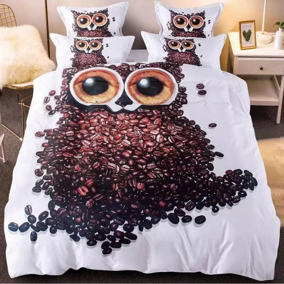 Set 6 piese Lenjerie de pat Lux Bufnita Cafea, CumparaMisim, 2 persoane, bumbac, alb