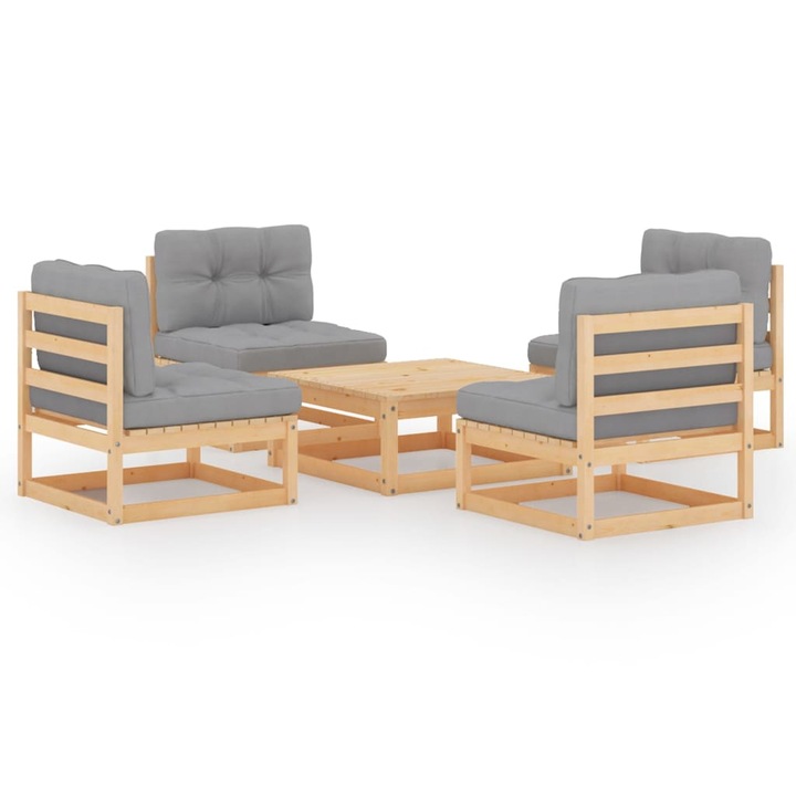 Set mobilier de gradina cu perne vidaXL, 5 piese, lemn masiv de pin, 70 x 70 x 67 cm, 29.06 kg