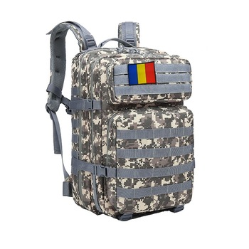 Rucsac militar, 45L, 600D polyester, steag tricolor, albastru deschis camuflaj Rucsac militar, 45L, 600D polyester, steag tricolor, albastru deschis camuflaj