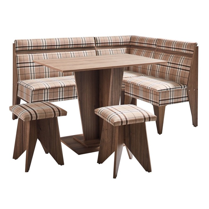 OEM Yana Duo konyhai sarokgarnitúra, láda, asztal és 2 szék, 158 cm x 118 cm x 87,5 cm, 2C, dió barna
