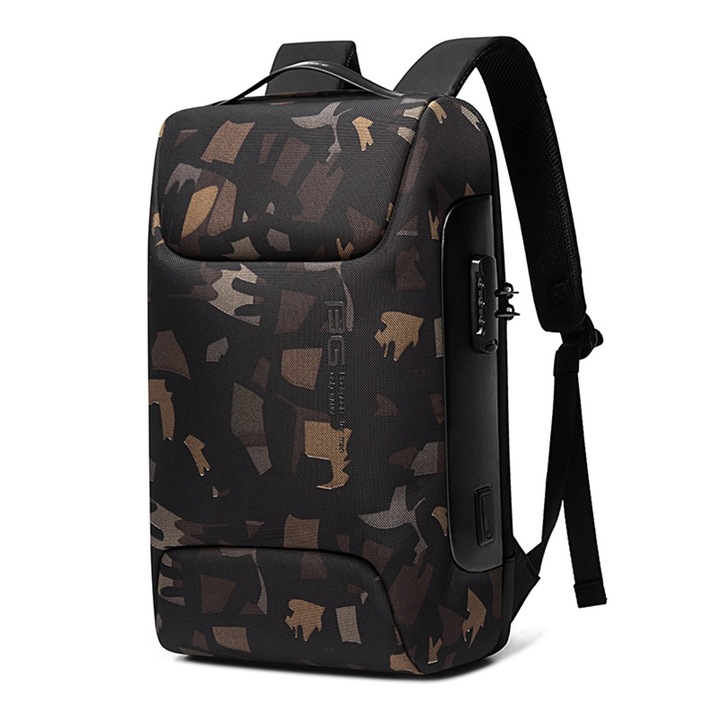 Rucsac laptop 15.6", smart casual, impermeabil cu sistem antifurt, port de incarcare USB, BANGE, 49X33X17 cm, Camuflaj