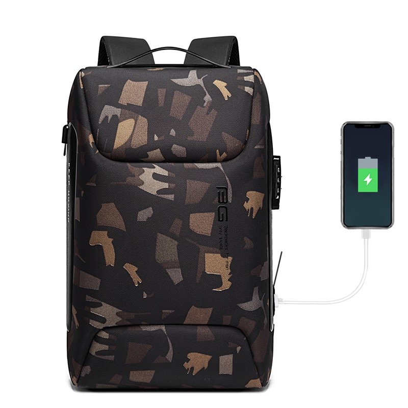 Rucsac laptop 15.6", smart casual, impermeabil cu sistem antifurt, port de incarcare USB, BANGE, 49X33X17 cm, Camuflaj