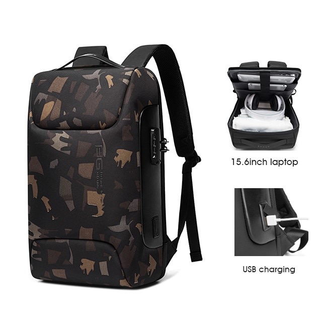 Rucsac laptop 15.6", smart casual, impermeabil cu sistem antifurt, port de incarcare USB, BANGE, 49X33X17 cm, Camuflaj