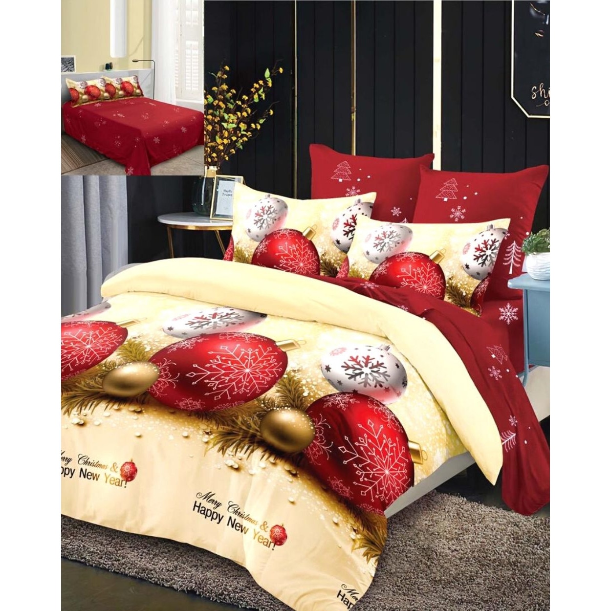 Lenjerie Finet Mos Craciun, 6 Piese, Pat 2 Persoane, Happy New Year, FNMCO-03