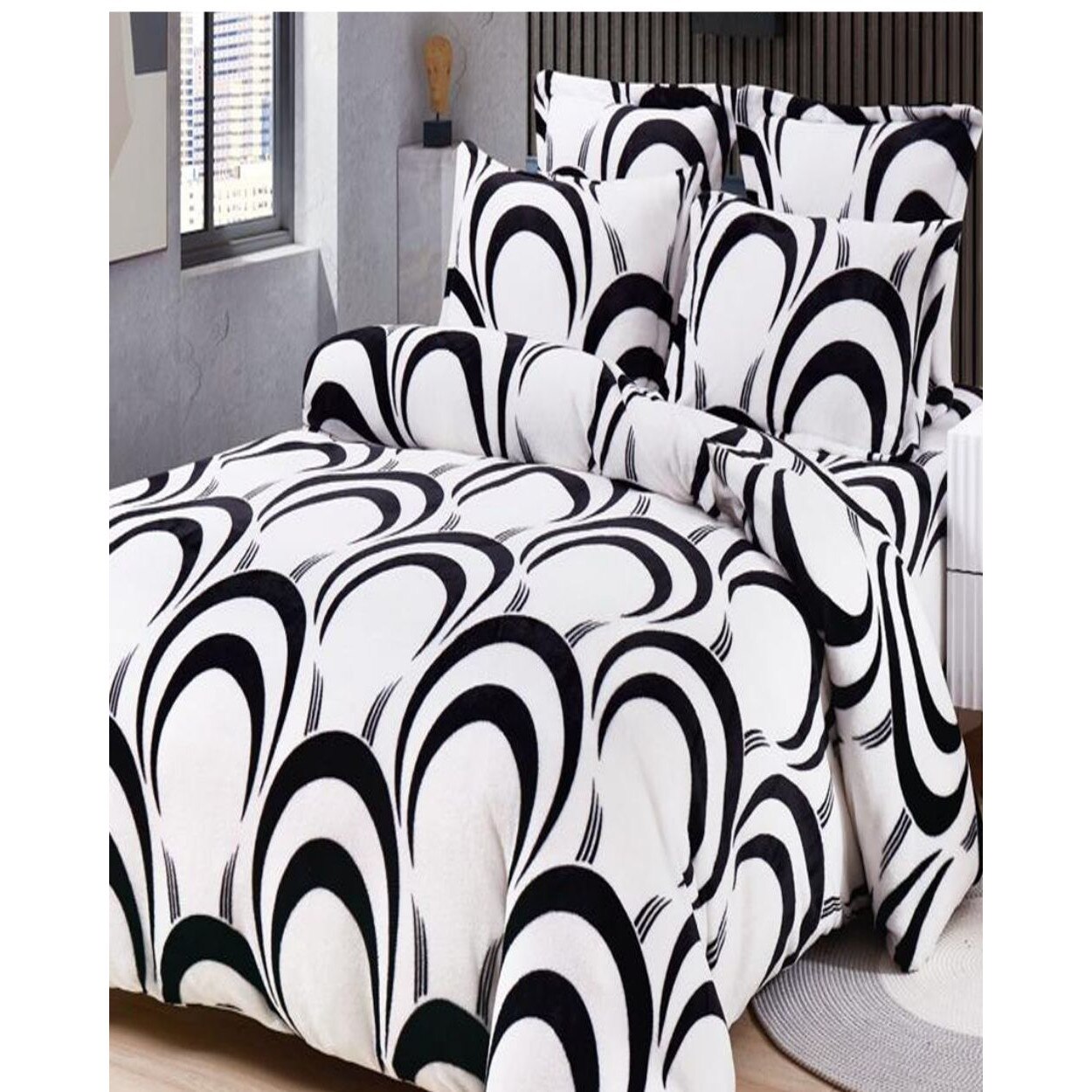 Set Lenjerie Pufoasa Cocolino cu 2 Fete, 6 Piese, Dungi Negre, LCF6-04