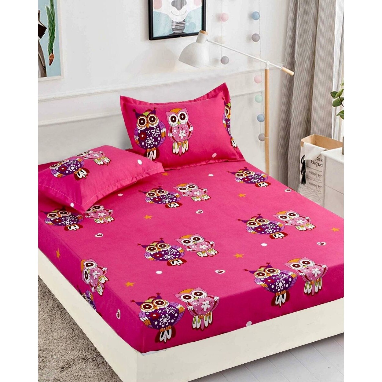 Husa de Pat cu Elastic si 2 Fete de Perna Pat 2 Persoane, Colorful Owls, HBFC 15