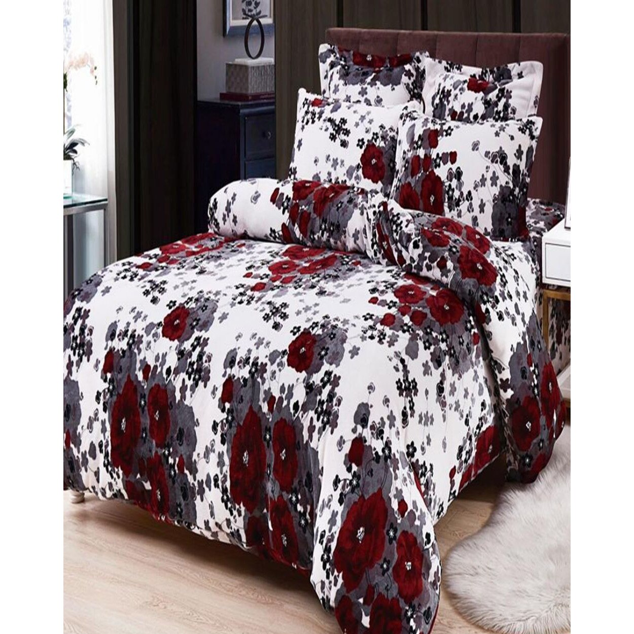 Set Lenjerie Pufoasa Cocolino cu 2 Fete, 6 Piese, Flori Grena, LCF6-11