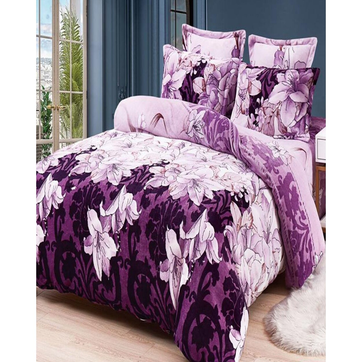 Set Lenjerie Pufoasa Cocolino cu 2 Fete, 6 Piese, Flori Lila, LCF6-17