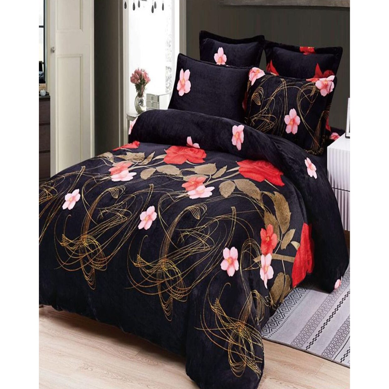 Set Lenjerie Pufoasa Cocolino cu 2 Fete, 6 Piese, Trandafiri Rosi, LCF6-19