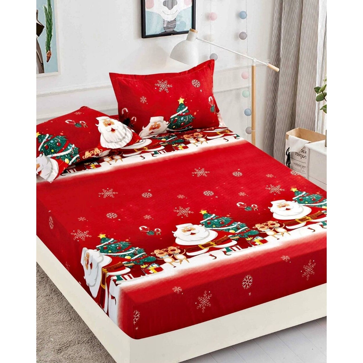 Husa de Pat cu Elastic si 2 Fete de Perna, Pat 2 Persoane, Finet, Christmas Presents, HBFC 12