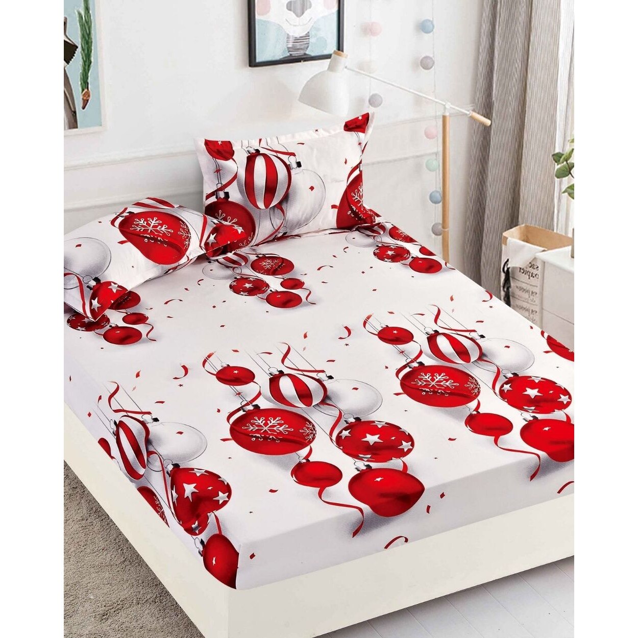 Husa de Pat cu Elastic si 2 Fete de Perna, Pat 2 Persoane, Finet, White and Red Globes, HBFC 16