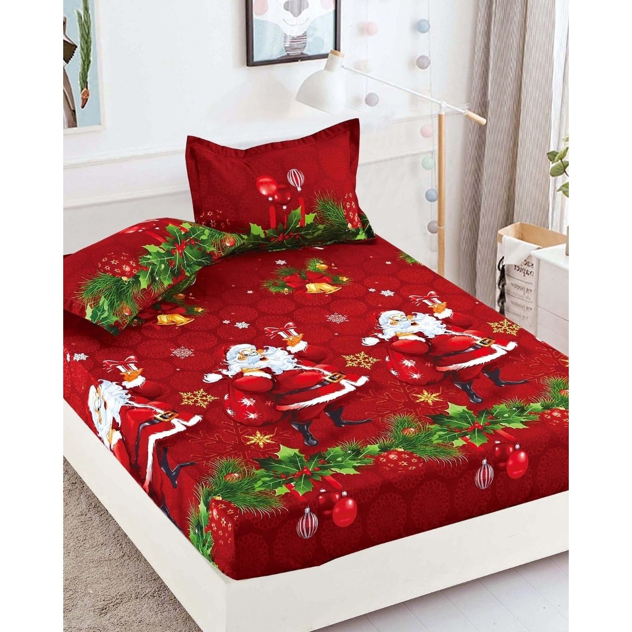 Husa de Pat cu Elastic si 2 Fete de Perna, Pat 2 Persoane, Finet, Snow Santa's Bag, HBFC 11