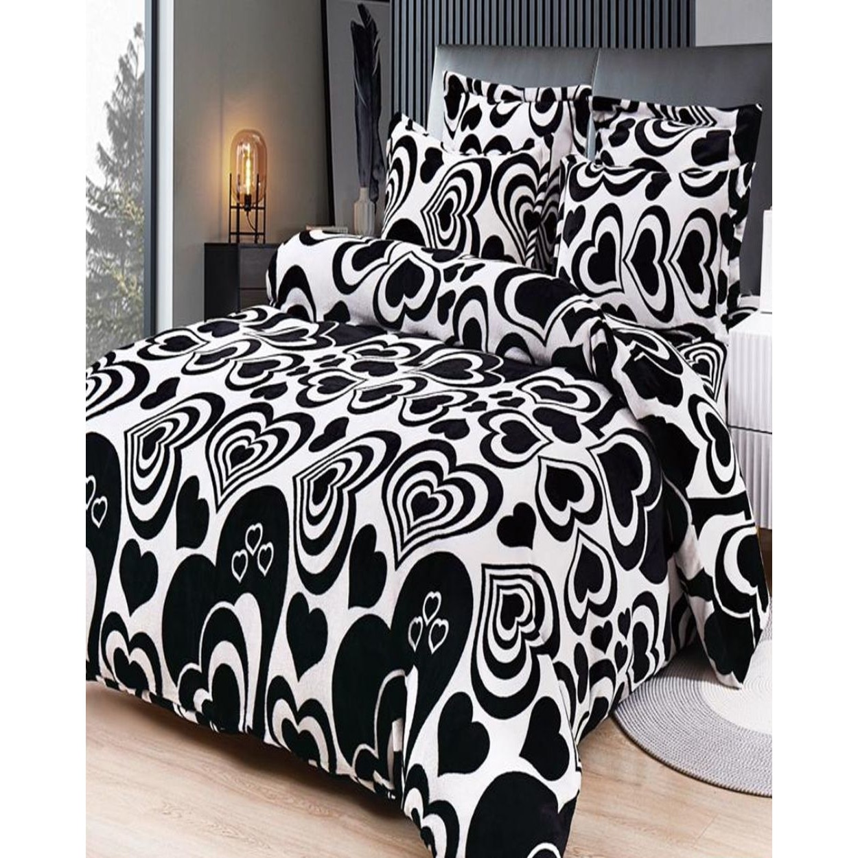 Set Lenjerie Pufoasa Cocolino cu 2 Fete, 6 Piese, Inimi Negre, LCF6-20