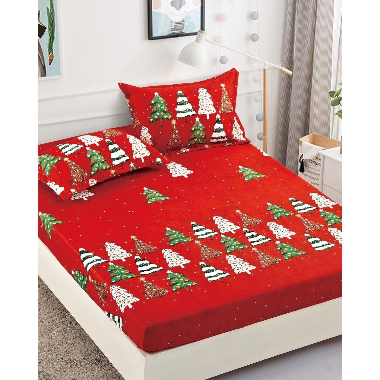 Husa de Pat cu Elastic si 2 Fete de Perna, Pat 2 Persoane, Finet, Colored Trees, HBFC 08