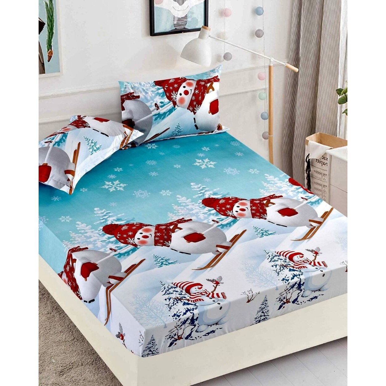 Husa de Pat cu Elastic si 2 Fete de Perna, Pat 2 Persoane, Finet, Sleigh and Snowman, HBFC 09