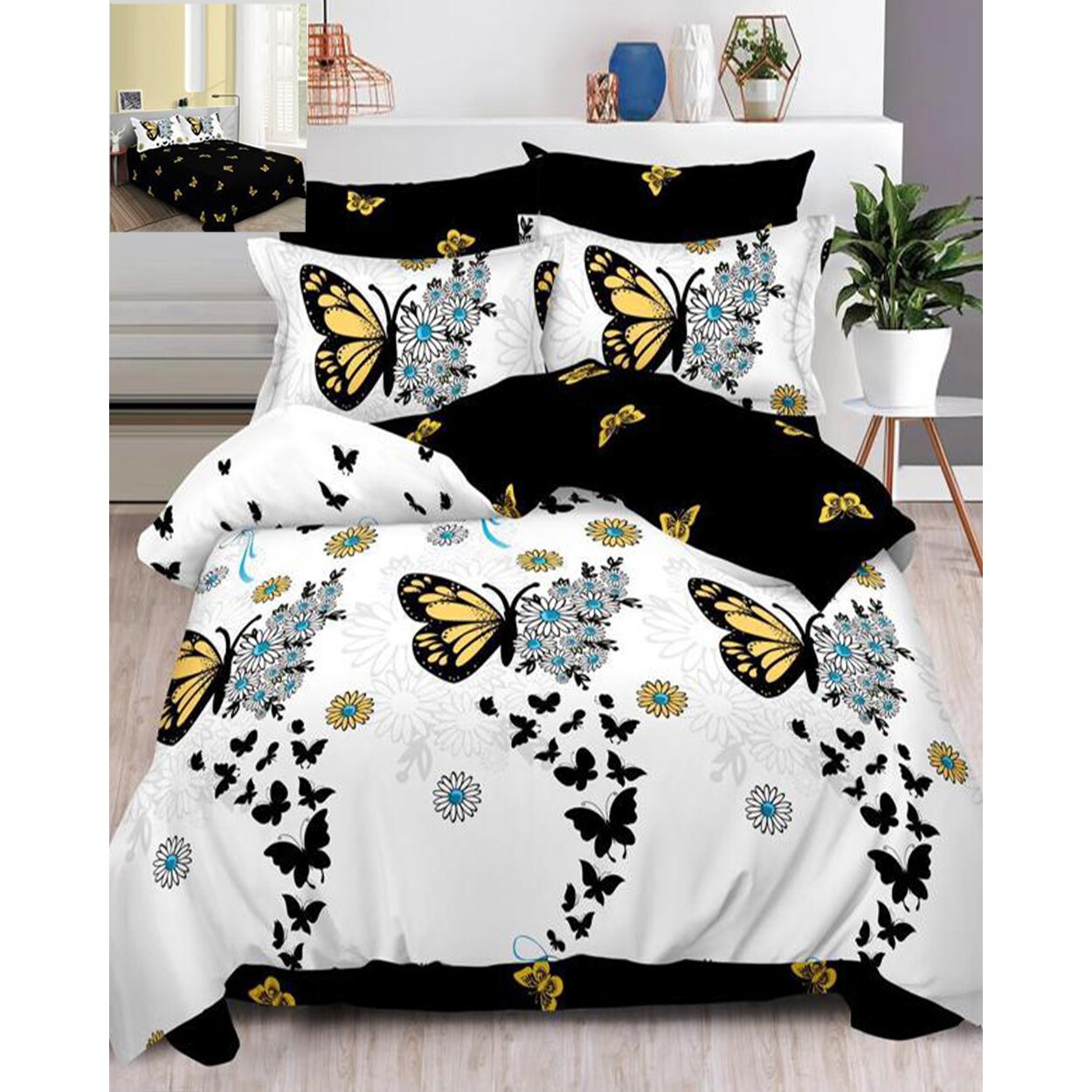 Set Lenjerie de Pat din Finet, 6 Piese, Pat 2 Persoane, Fluturi Negrii, FN-541