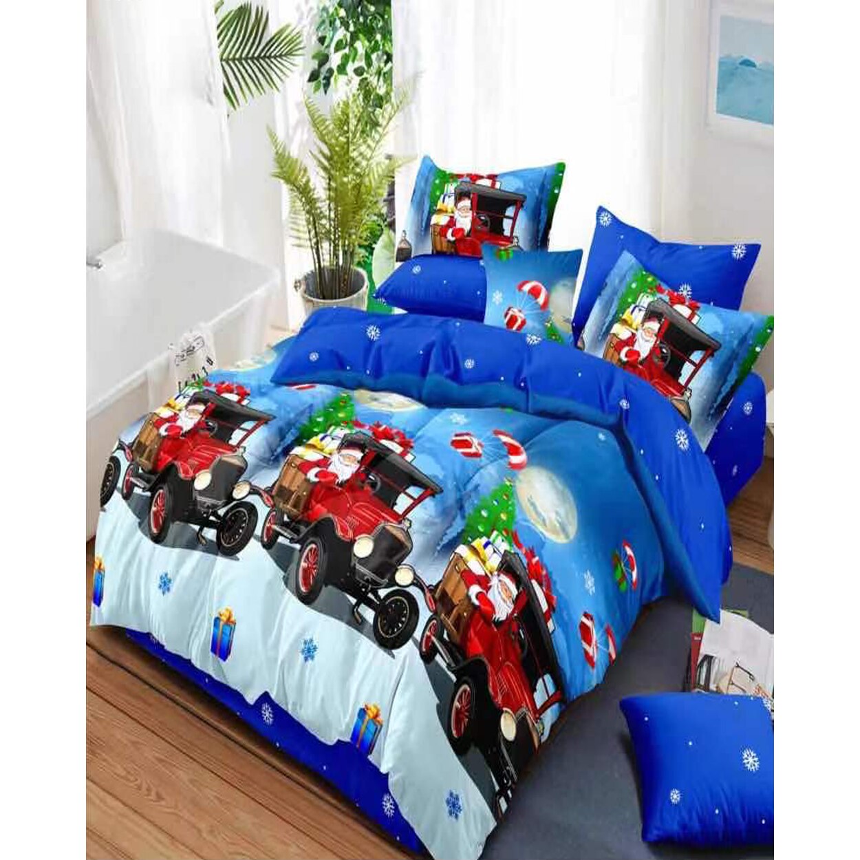 Lenjerie Craciun, Bumbac Finet, 6 piese, Santa's Car, FNMC-04