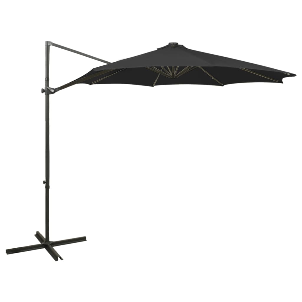Umbrela de soare suspendata cu stalp si LED-uri vidaXL, Poliester, 300 x 255 cm, Negru