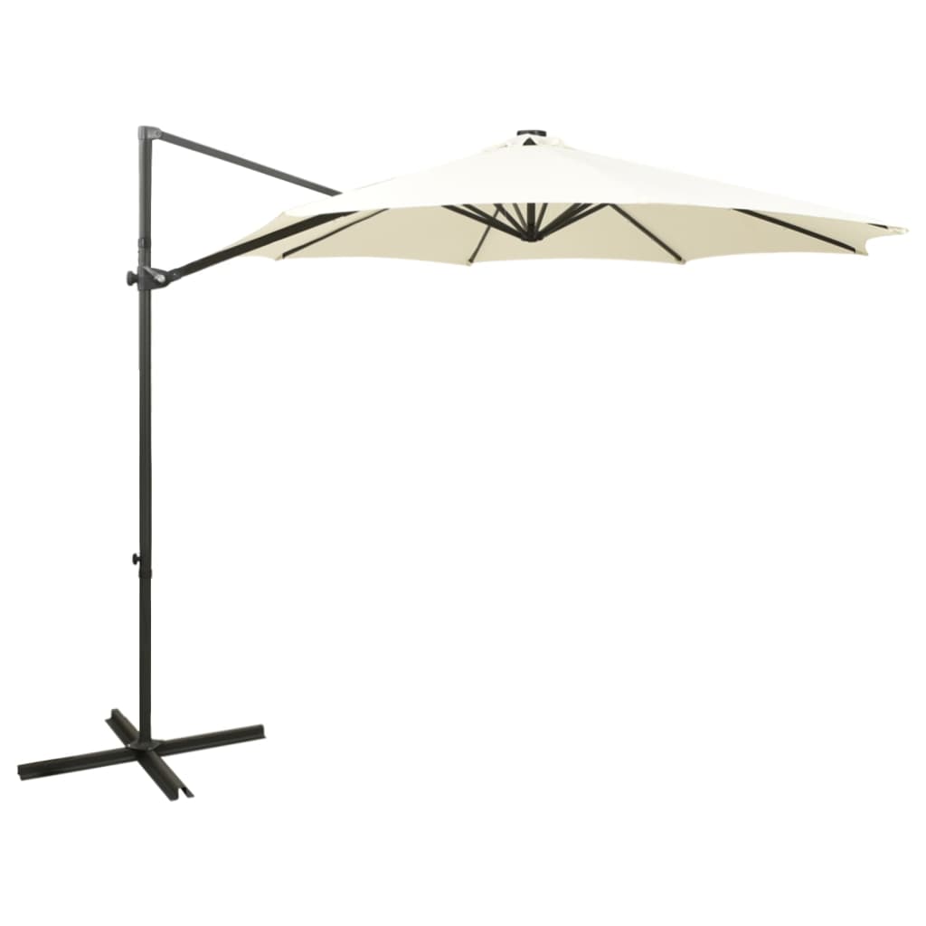 Umbrela de soare suspendata cu stalp si LED-uri vidaXL, Poliester, 300 x 255 cm, Crem