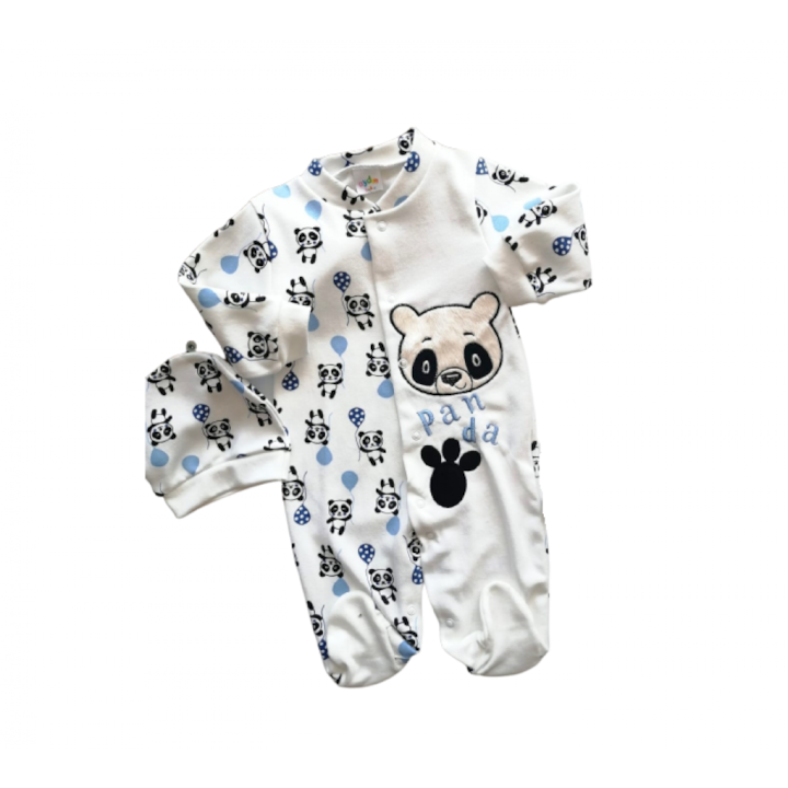 Salopeta cu caciula,Model ursulet Panda,Bubu-Still,Alb albastru