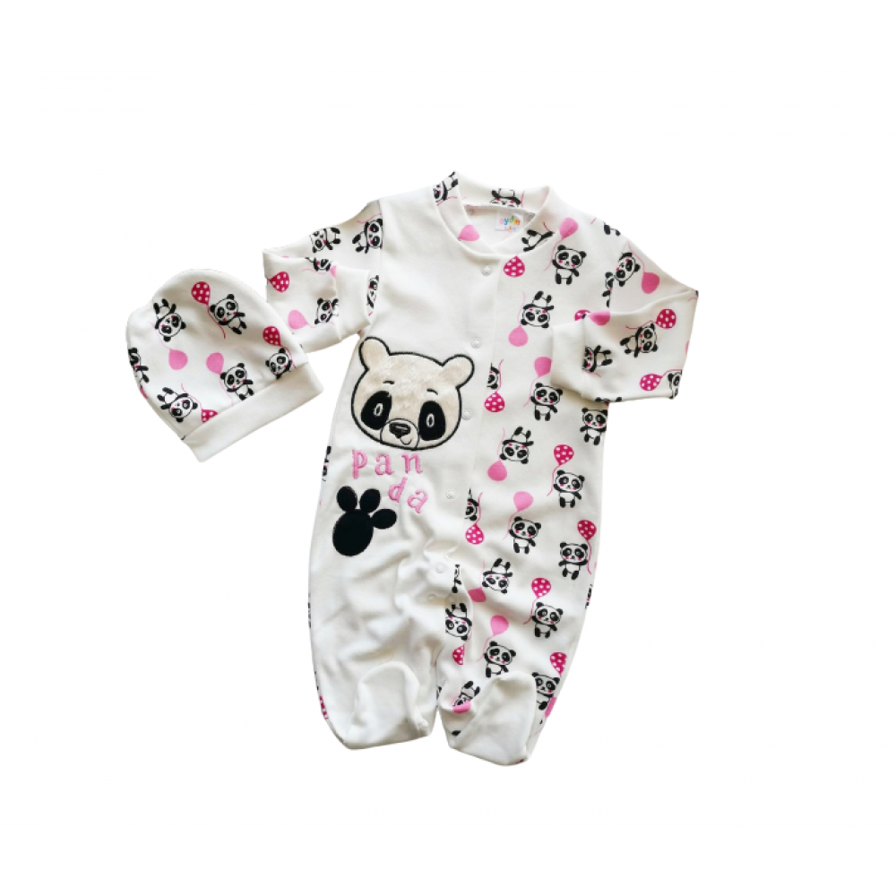 Salopeta cu caciula,Model ursulet Panda,Bubu-Still, Alb roze