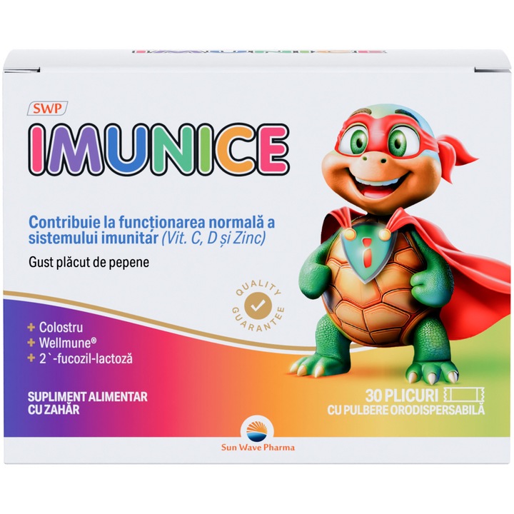Imunice, Sun Wave Pharma, Vitamina C, Zincul contribuie la funcționarea normală a sistemului imunitar, aromă de pepene roșu, 30 plicuri