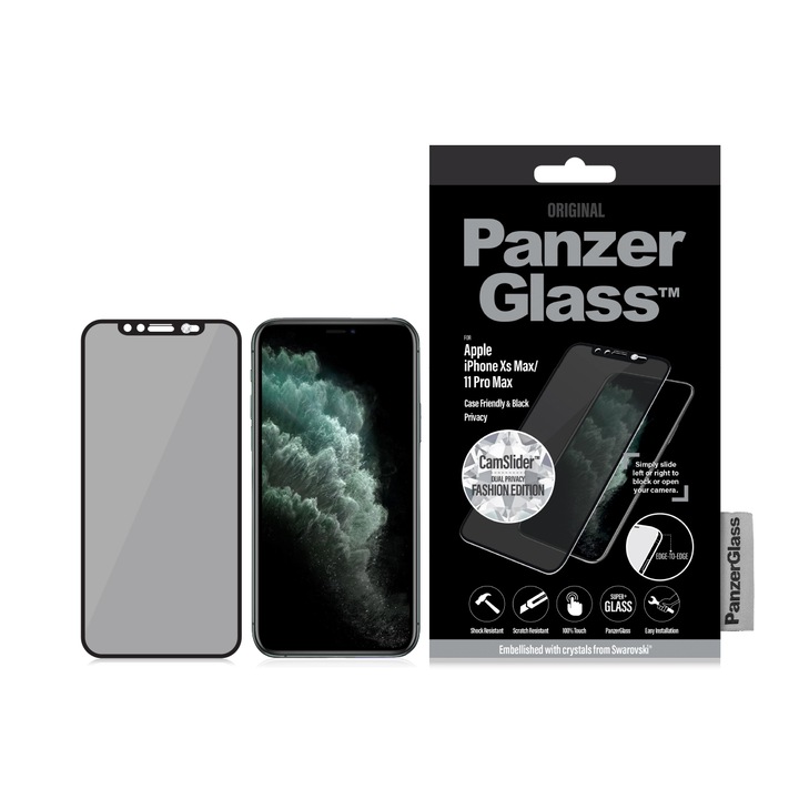 Стъклен протектор PanzerGlass за Apple Iphone Xs Max, 11 Pro Max, Privacy, CaseFriendly, CamSlider, Swarovski Edition, Черен,