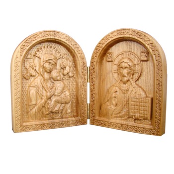 Icoana diptic sculptura in lemn masiv, dimensiuni 14.5x11.8x3.6 cm(inchis), 14.5x23.5x1.8 cm (deschis) Icoana diptic sculptura in lemn masiv, dimensiuni 14.5x11.8x3.6 cm(inchis), 14.5x23.5x1.8 cm (deschis)