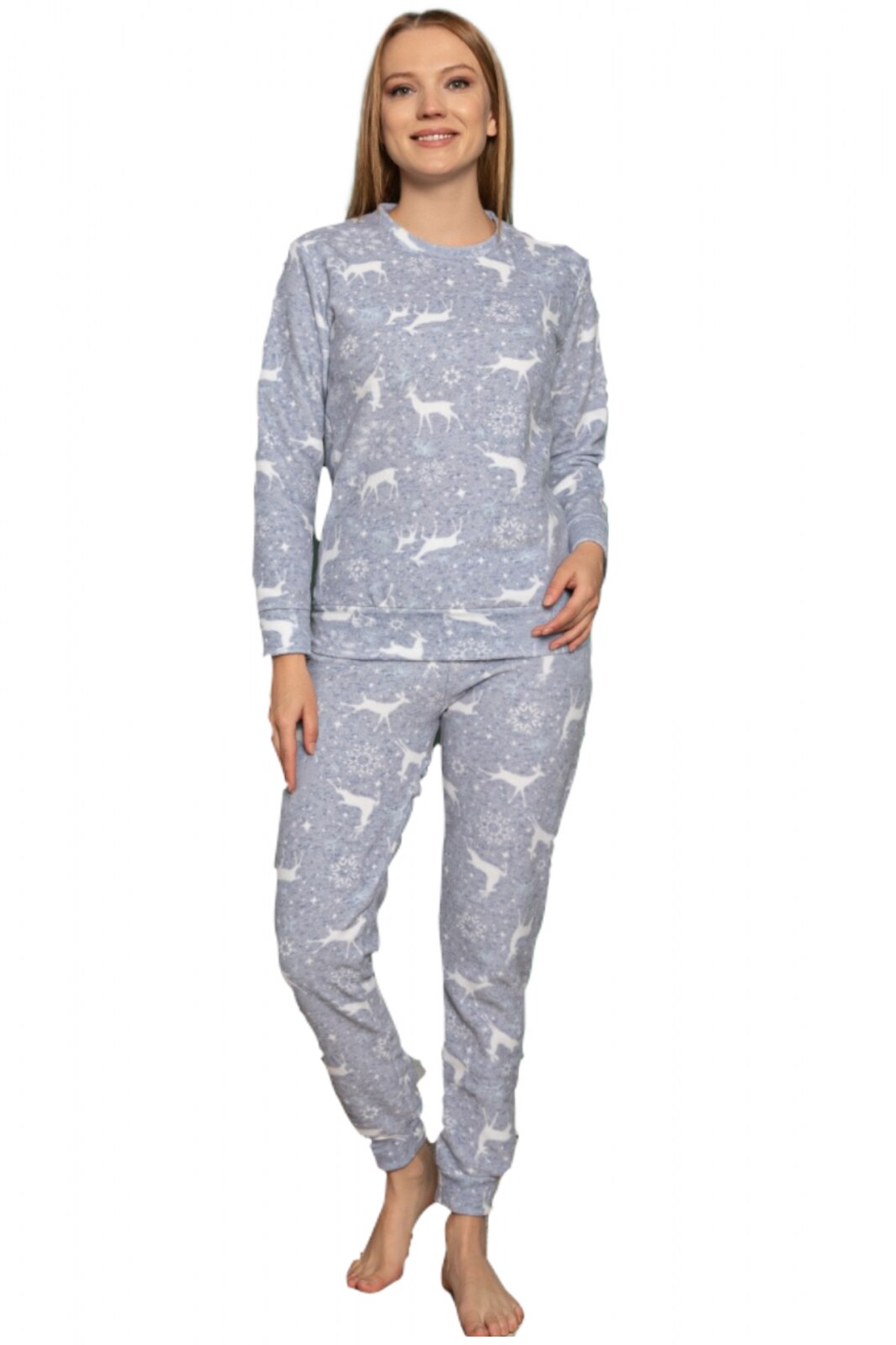 Pijama dama cocolino polar, pufoasa cu imprimeu Reni Craciun 1335, Gri